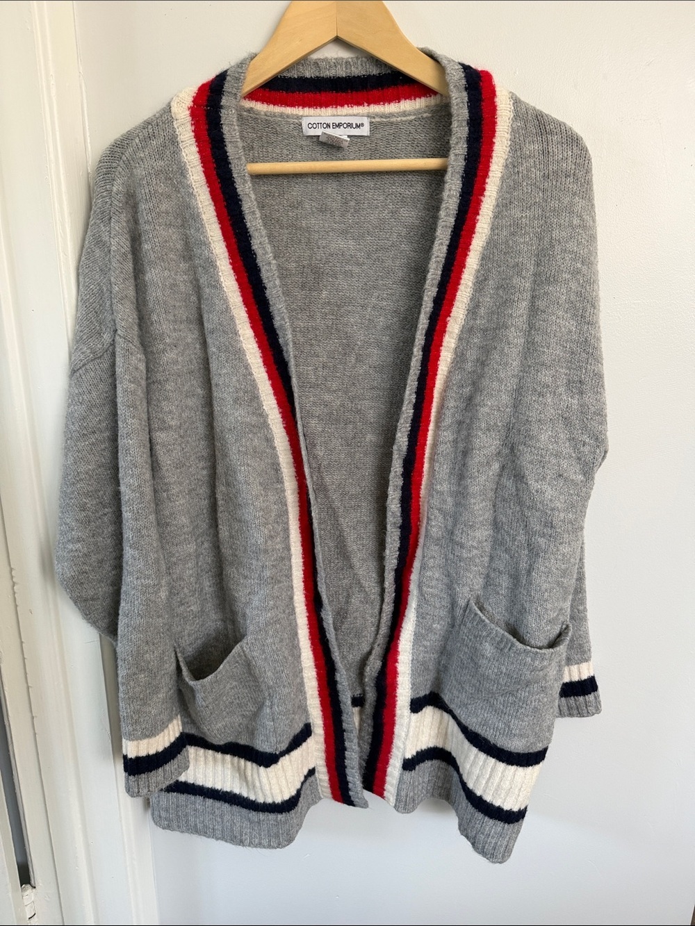 Cotton Emporium Gray Open Cardigan with Red, Navy & Cream Trim size XL